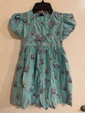 Vintage Girls' Floral Puff-Sleeve Dress - Teal Blue